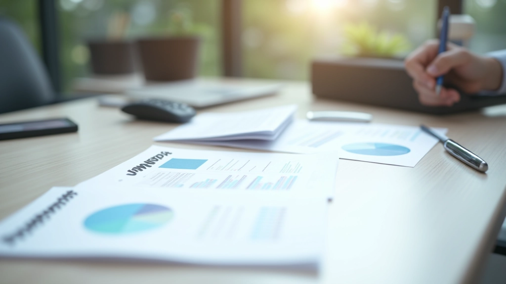 Büroumgebung mit Finanzdiagrammen auf dem Bildschirm und Dokumenten auf dem Schreibtisch